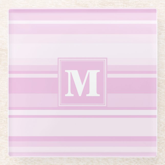 Monogram baby pink stripes glass coaster (Front)