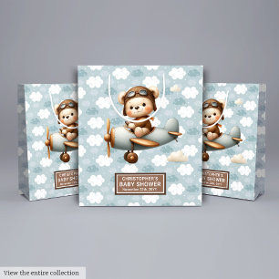 Monogram Baby Shower Gift Bag With Pilot Bear Art