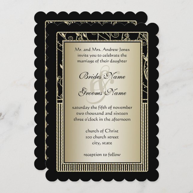 Monogram Balck and Gold Swirl Wedding Invitation (Front/Back)