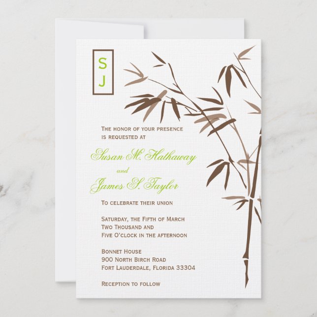 Monogram Bamboo Wedding Invitations  |  Brown (Front)