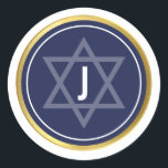 MONOGRAM BAR MITZVAH modern navy dark blue gold Classic Round Sticker<br><div class="desc">by kat massard >>> WWW.SIMPLYSWEETPAPERIE.COM <<< *** NOTE - THE SHINY GOLD FOIL EFFECT IS A PRINTED PICTURE *** - - - - - - - - - - - CONTACT ME for custom "faux gold foil effect type" Love the design, but would like to see some changes - another...</div>