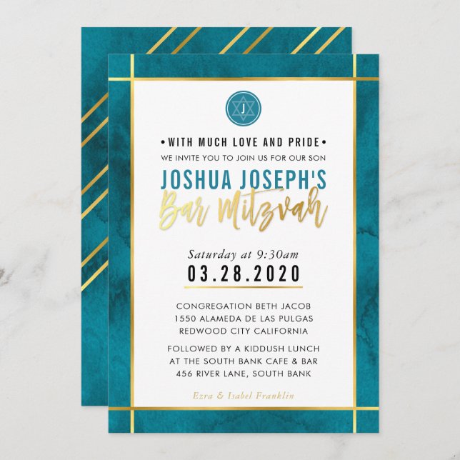 MONOGRAM BAR MITZVAH teal blue gold stripe Invitation (Front/Back)