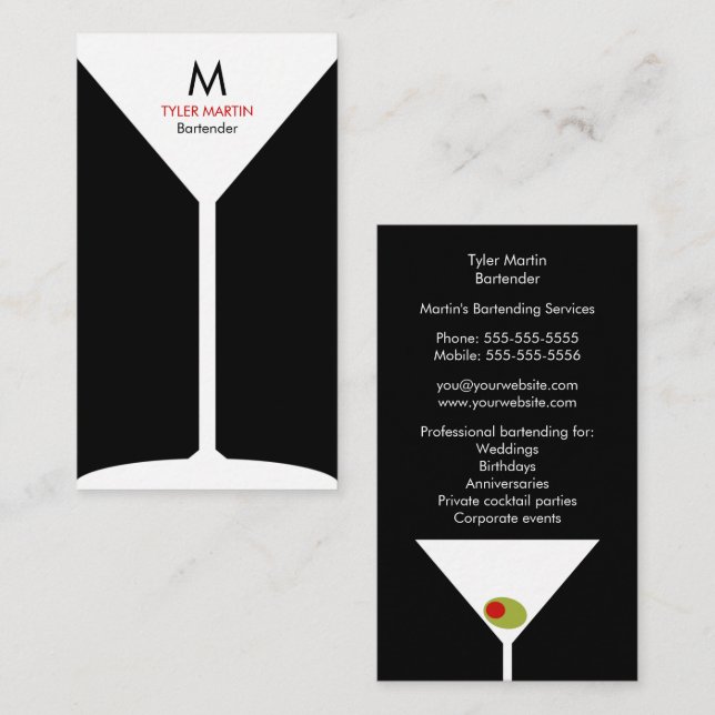 Monogram Bartending Business Card - Black & White (Front/Back)