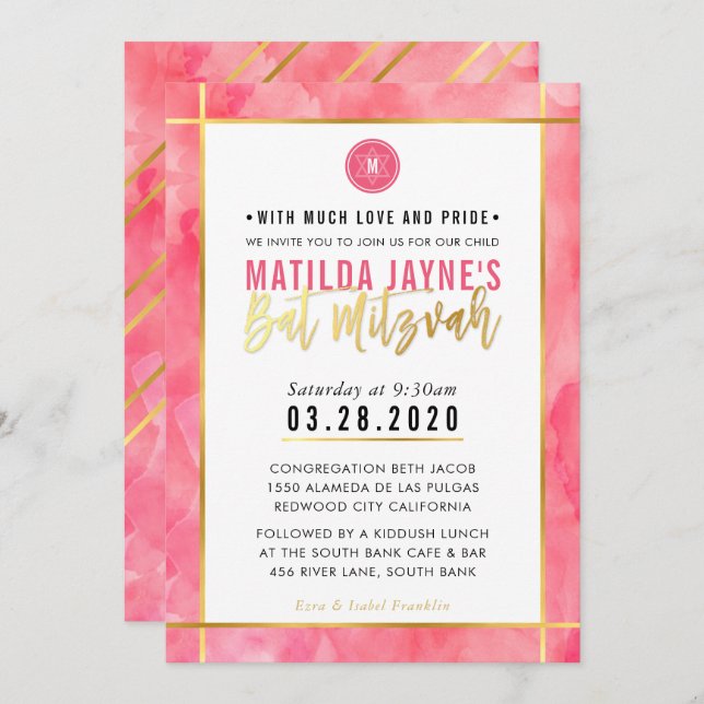 MONOGRAM BAT MITZVAH coral pink gold stripe Invitation (Front/Back)