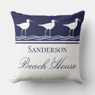 Monogram Beach house navy blue Sandpipers Cushion