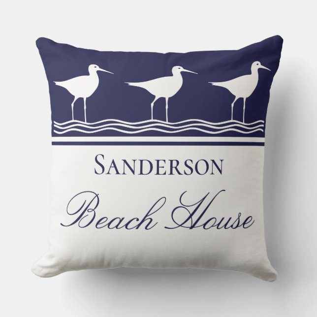 Monogram Beach house navy blue Sandpipers Cushion (Front)