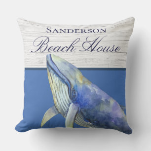 Monogram Beach House  navy blue whale watercolor Cushion