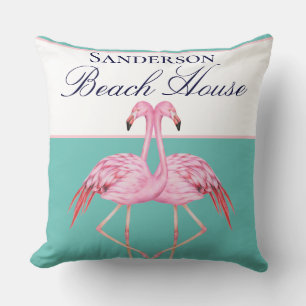 Monogram Beach House Teal Flamingos navy blue  Cushion
