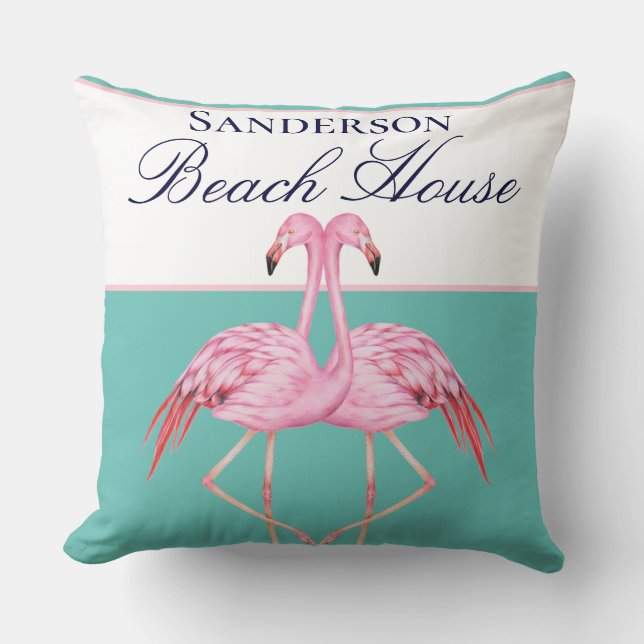 Monogram Beach House Teal Flamingos navy blue  Cushion (Front)