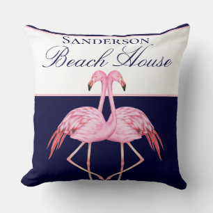 Monogram Beach House Teal Flamingos navy blue  Thr Cushion