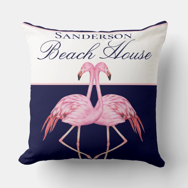 Monogram Beach House Teal Flamingos navy blue  Thr Cushion (Front)