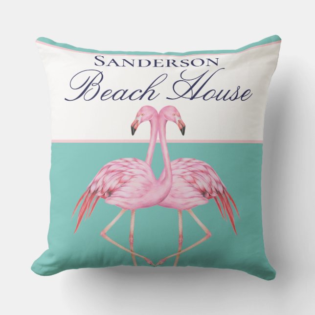 Monogram Beach house Teal navy blue Flamingos Cushion (Front)