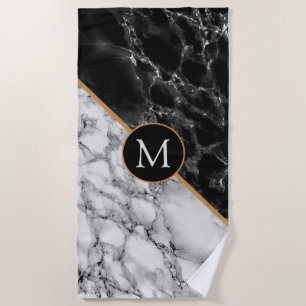 Monogram Beach Towel Black White Marble Stonre