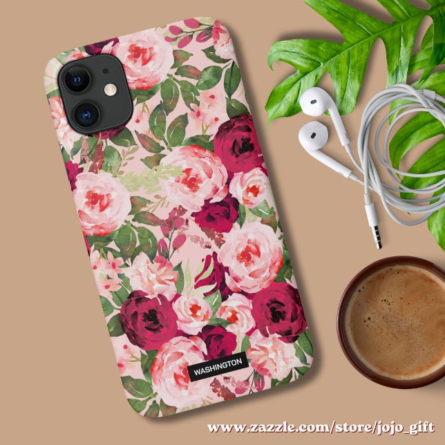 Monogram beautiful and classy floral Pink Case-Mate iPhone Case (Beautiful modern floral phone case, red and pink roses for her.)