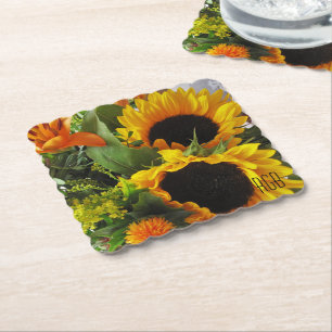 Monogram, Beautiful Autumn Sunflowers Paper Coaster
