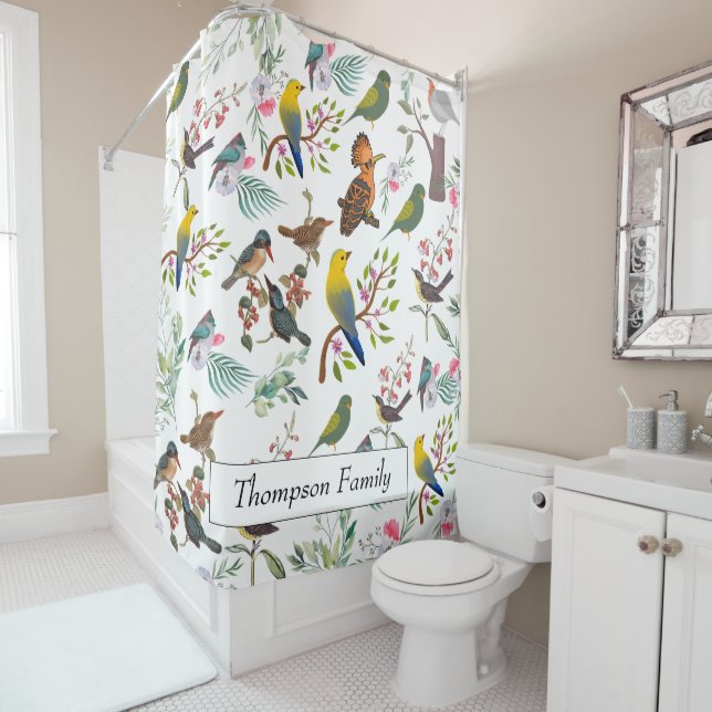 Monogram beautiful nature with birds l White Shower Curtain (In Situ)