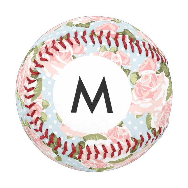 Monogram Beautiful rose pattern with blue dots Baseball (Front Left)