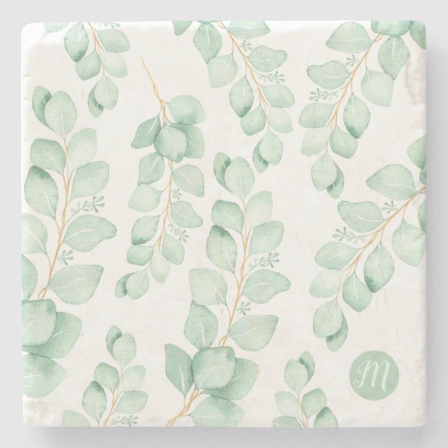 Monogram Beautiful Sage Green Eucalyptus Pattern Stone Coaster (Front)