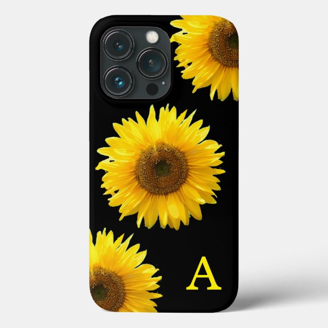 Monogram & Beautiful Sunflowers on Black Case-Mate iPhone Case (Back)