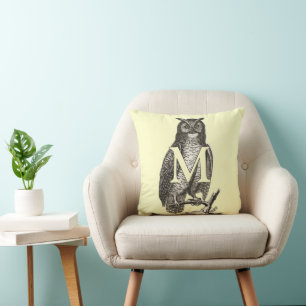 Monogram Beautiful Vintage Ilustration of Owl Cushion