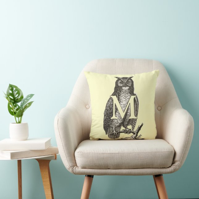 Monogram Beautiful Vintage Ilustration of Owl Cushion (Chair)