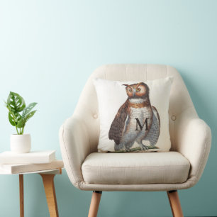 Monogram Beautiful Vintage Ilustration of Owl Cushion