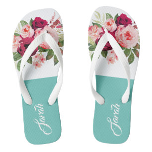 Monogram beautiful watercolor floral Blue Burgundy Jandals