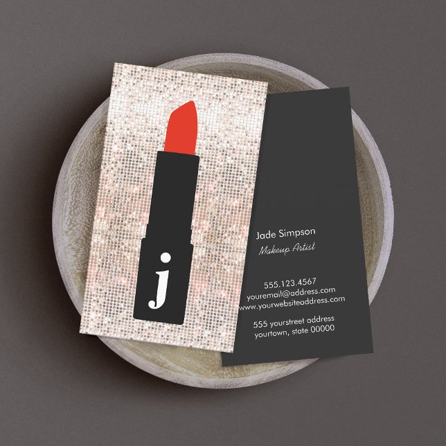 Monogram Beauty Sequin Cute Makeup Artist Lipstick Business Card (Creator Uploaded)