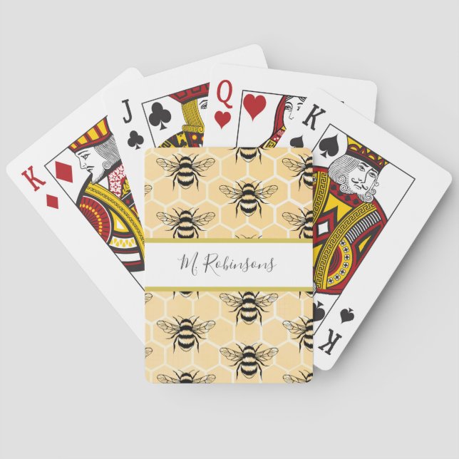 Monogram Bee Honeycomb Honey bee  Playing Cards (Back)