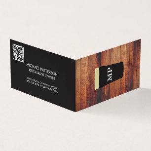 Monogram   Beer Glass   Wood Background   QR Code Business Card