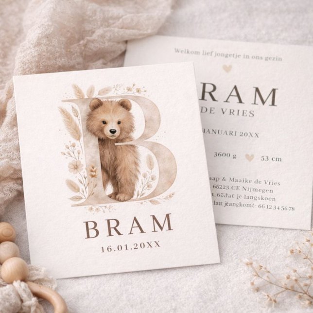 Monogram Beer Neutral Wild Animal Boy Birth Card (Creator Uploaded)