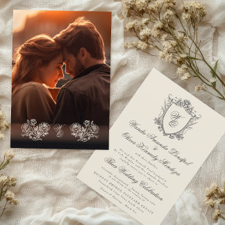 Monogram Beige Floral Vintage Crest Photo Wedding Invitation