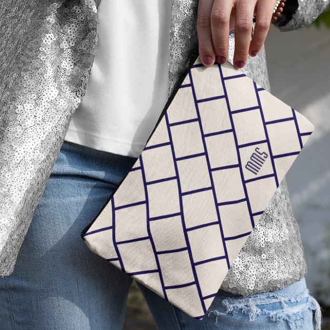 Monogram Beige & Navy Blue Stylish Trellis Pattern Accessory Pouch (Creator Uploaded)