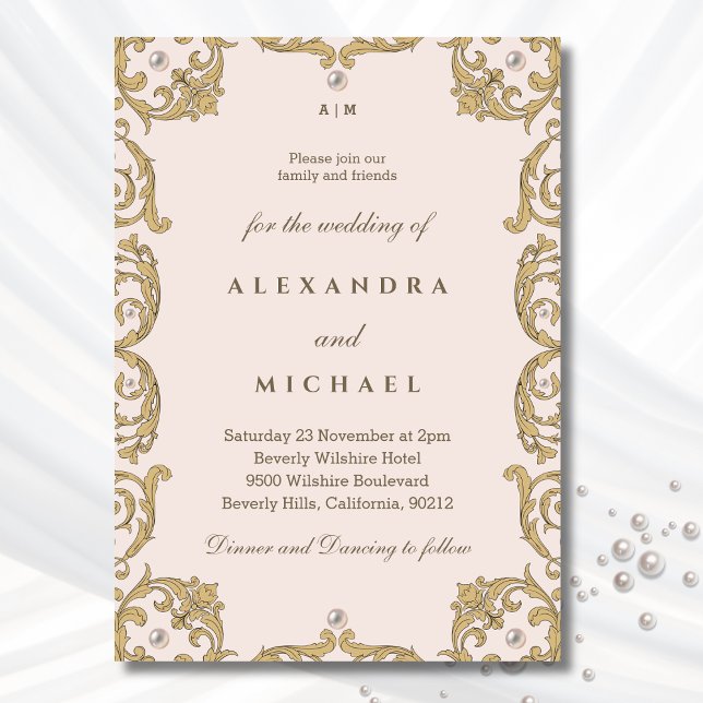 Monogram Beige Ornate Victorian Vintage Wedding Invitation (Creator Uploaded)