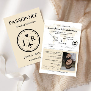 Monogram beige passport Destination wedding Invitation