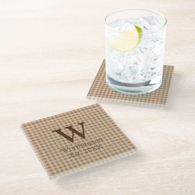 Monogram Beige Rust Buffalo Plaid Rustic Country  Glass Coaster (Angled)