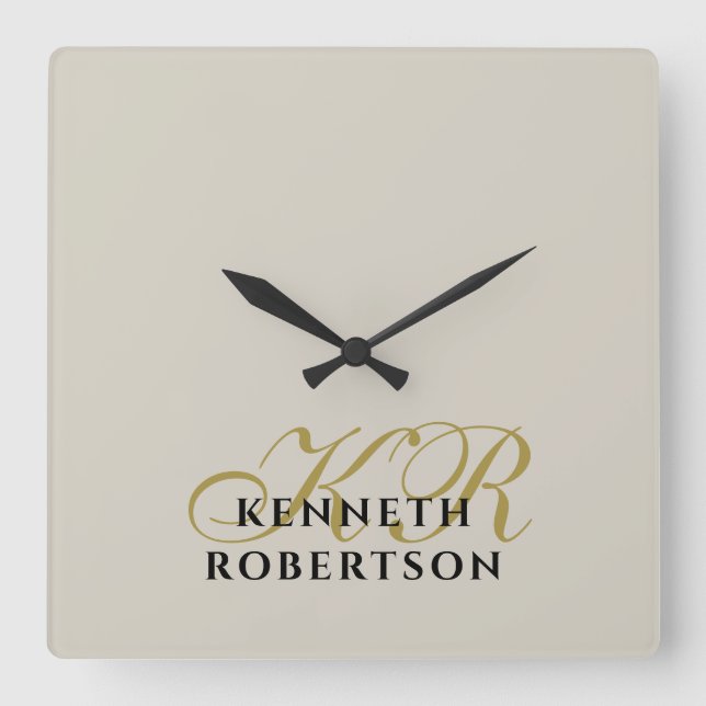  Monogram Beige Sand Gold Black Minimalist Men  Square Wall Clock (Front)
