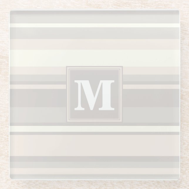 Monogram beige stripes glass coaster (Front)