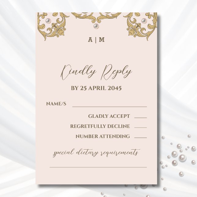 Monogram Beige Victorian Vintage Wedding RSVP Card (Creator Uploaded)