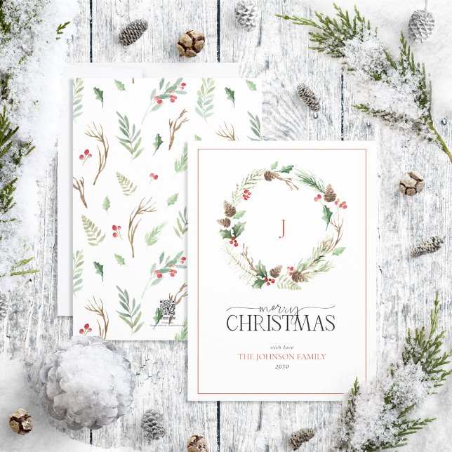 Monogram Berry Pinecone Wreath Merry Christmas Holiday Card (Creator Uploaded)