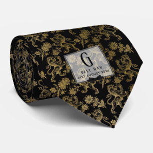 Monogram Best Man Groomsmen Black Gold Damask Tie