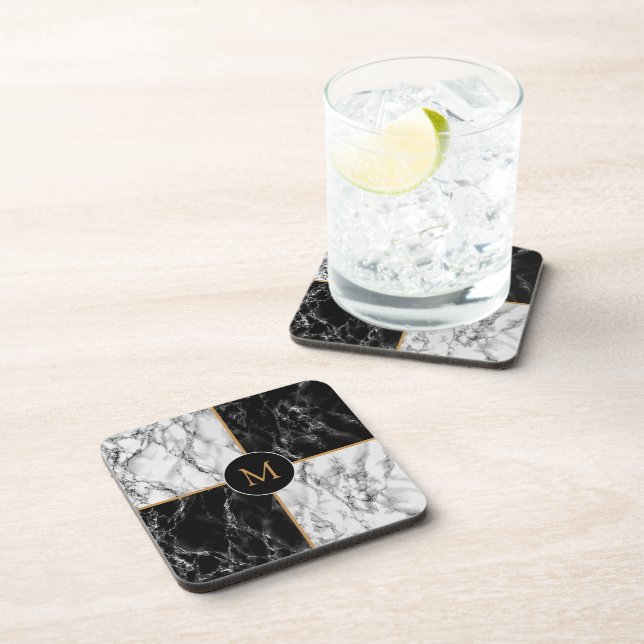 Monogram Beverage Coaster Black White Check Marble (Right Side)