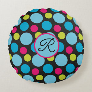 Monogram Big Dots Pattern Colourful, Hot Pink, Blu Round Cushion