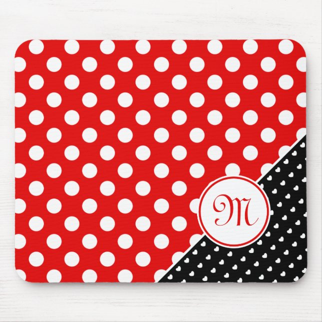 Monogram, Big Polka Dots, Red, Black And White Mouse Pad (Front)