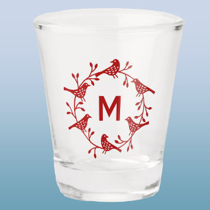 Monogram Bird and Flower Scandinavian Wreath Shot Glass