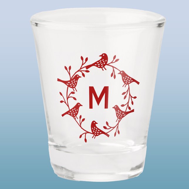 Monogram Bird and Flower Scandinavian Wreath Shot Glass (Scandinavian bird wreath personalized monogram initial shot glass)