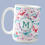 Monogram Bird Floral Watercolor Coffee Mug<br><div class="desc">Pretty hand painted bird and wild flower design in bright tones of pink,  orange,  purple and teal green. Perfect for birders,  ornithologists,  gardeners and nature lovers. Change the modern monogram initial to customise</div>