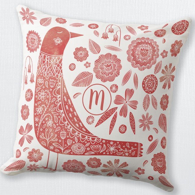 Monogram Bird Red White Cushion (Red and white monogram initial personalized folk art Scandinavian bird and flower throw pillow)
