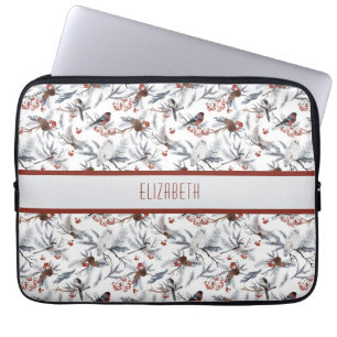 Monogram Bird White Grey Silver Branch Red Berries Laptop Sleeve