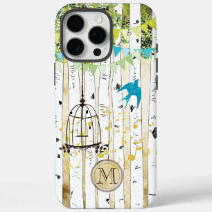 Monogram Birdcage Cute Bird Birch Tree iPhone Case